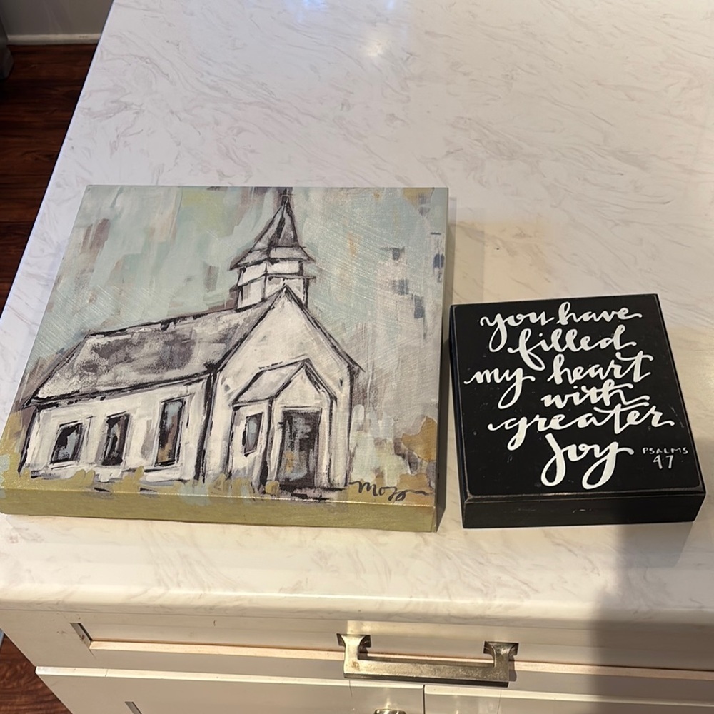 Lot of 2 Farmhouse Church Painting and Inspirational Sign Set